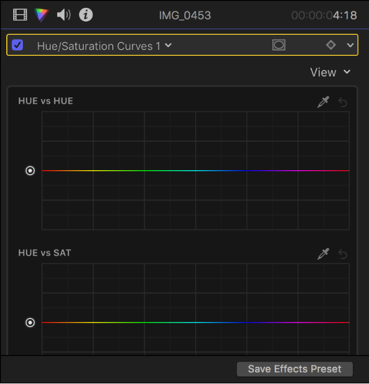 Curvas de matiz y saturación en el inspector de color