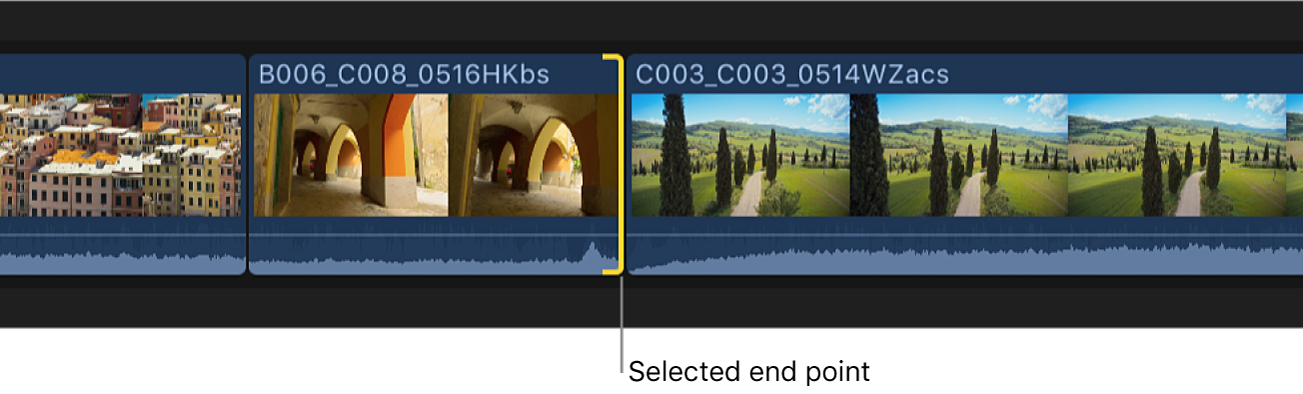 El punto final seleccionado de un clip de la línea de tiempo