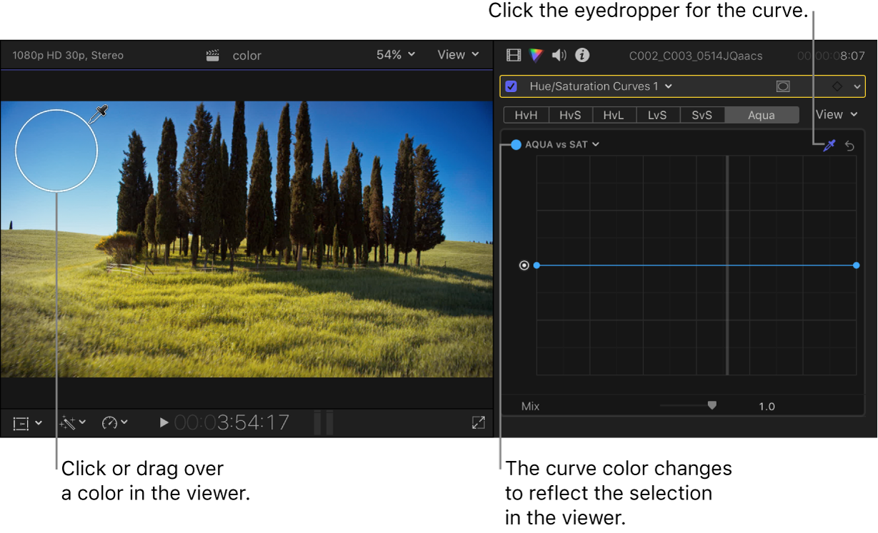 El cuentagotas colocado sobre un color en el visor, y el inspector de color con la curva modificada con el color seleccionado