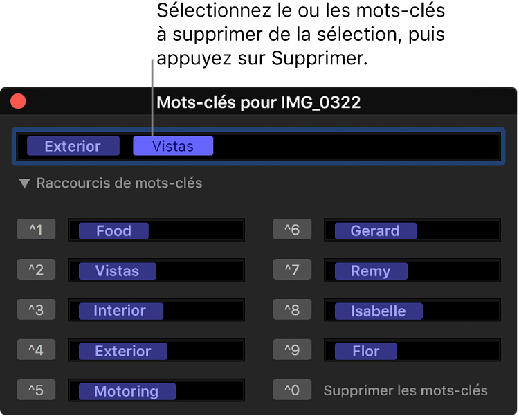 Éditeur de mots-clés montrant un mot-clé à supprimer