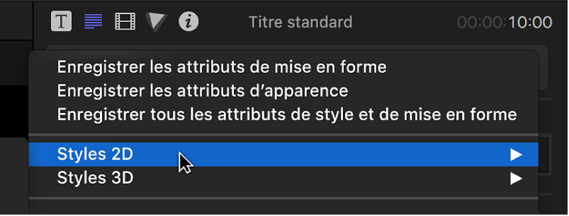 Option de styles 2D choisie dans le menu local situé en haut de l’inspecteur de texte