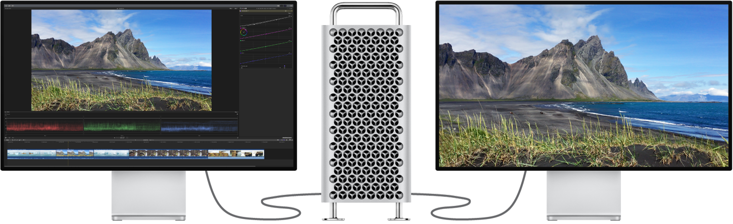 Mac Pro avec un moniteur Pro Display XDR branché affichant l’interface de Final Cut Pro, et deuxième moniteur Pro Display XDR branché affichant uniquement le contenu du visualiseur