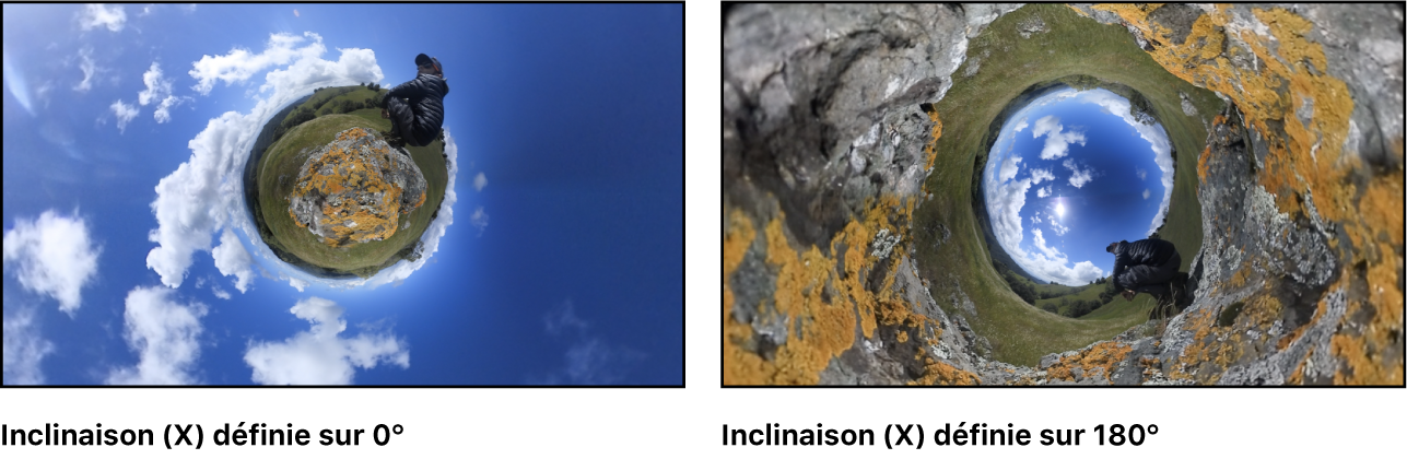 Image de mini-planète à gauche avec le paramètre Inclinaison défini sur 0° et la même image à droite avec le paramètre défini sur 180°, créant ainsi une mini-planète inversée