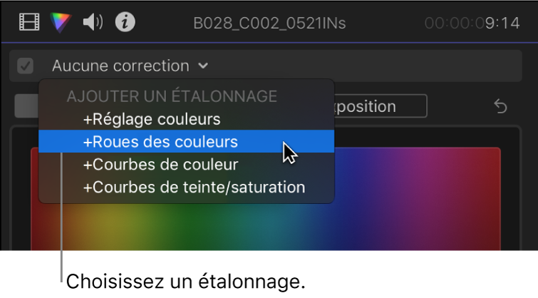 Section Ajouter une correction du menu local situé en haut de l’inspecteur de couleur