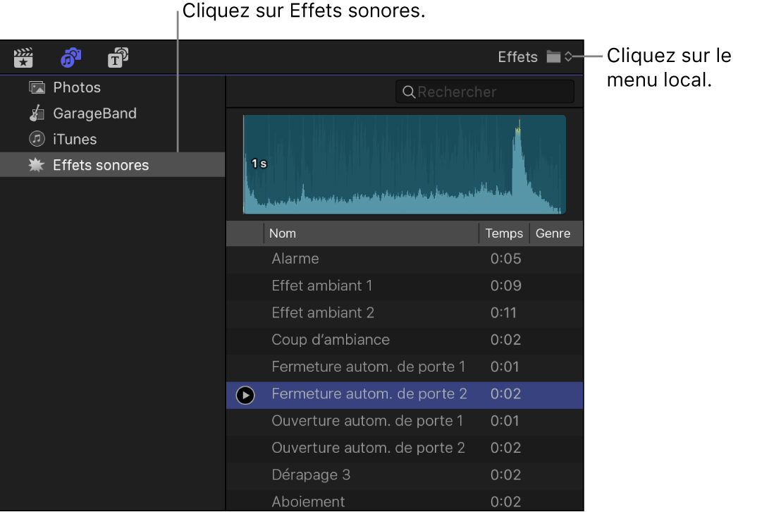 Barre latérale Photos et audio montrant la catégorie Effets sonores sélectionnée, et le navigateur affichant la liste des plans d’effets sonores