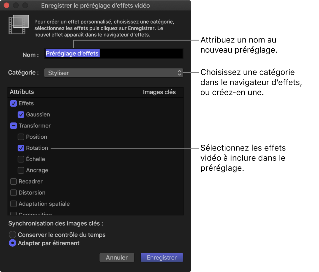 Fenêtre Enregistrer le préréglage d’effets vidéo