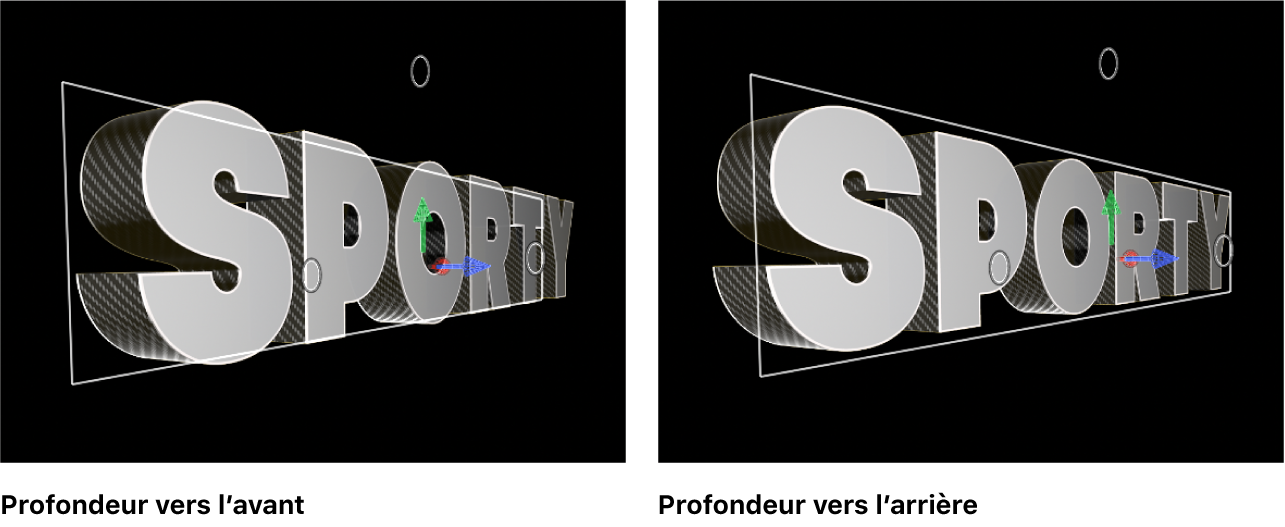 Titres 3D dans le visualiseur, avec le sens de profondeur réglé sur Avancer et Reculer