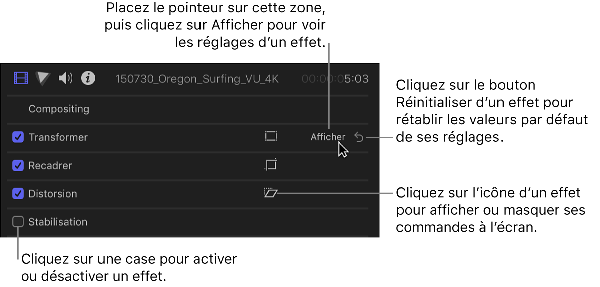 Inspecteur vidéo avec les commandes de l’effet