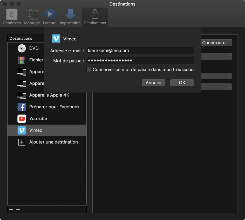 Fenêtre de saisie du nom du compte Vimeo et de son mot de passe pour une destination Vimeo