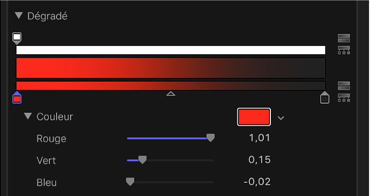 Curseurs des canaux de couleurs Rouge, Vert et Bleu dans les commandes de dégradé
