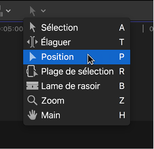 Outil Position dans le menu local Outils