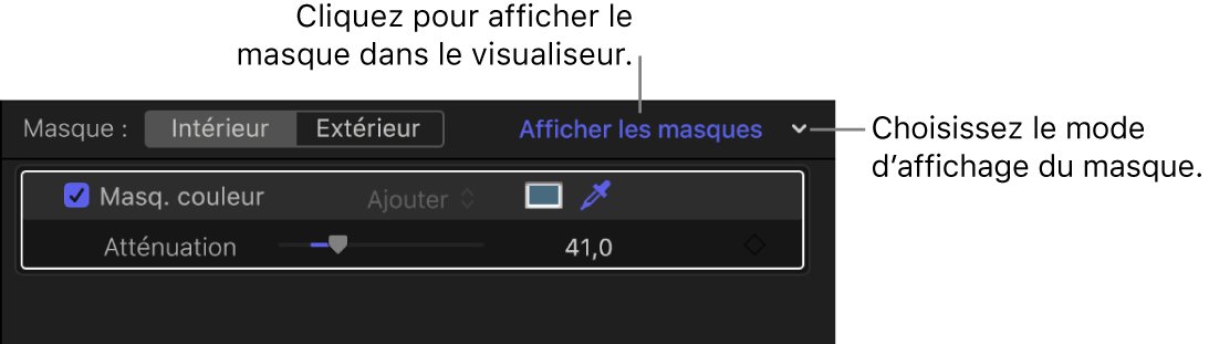 Bouton Afficher les masques et menu dans la section Masque de l’inspecteur de couleur