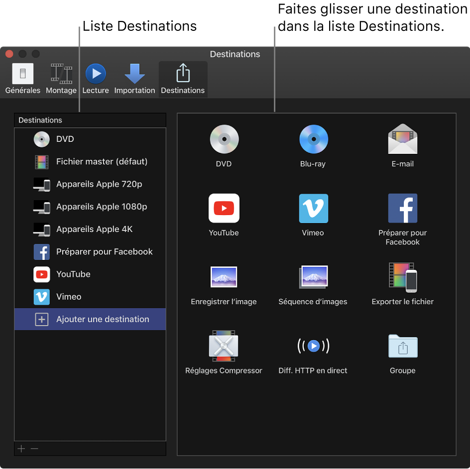 Fenêtre Destinations de la fenêtre Préférences avec l’option Ajouter une destination sélectionnée dans la liste de gauche