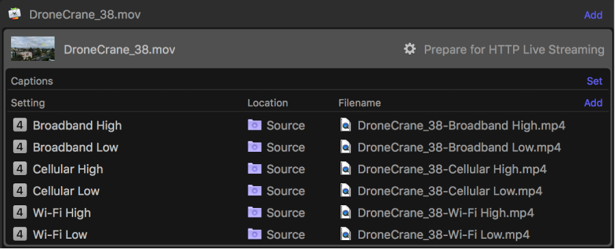 Batch area showing one job with multiple outputs assigned