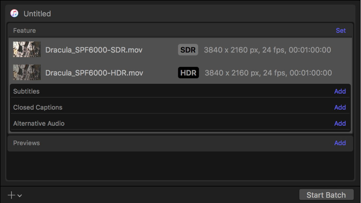 Batch area showing output rows for SDR video and HDR video.