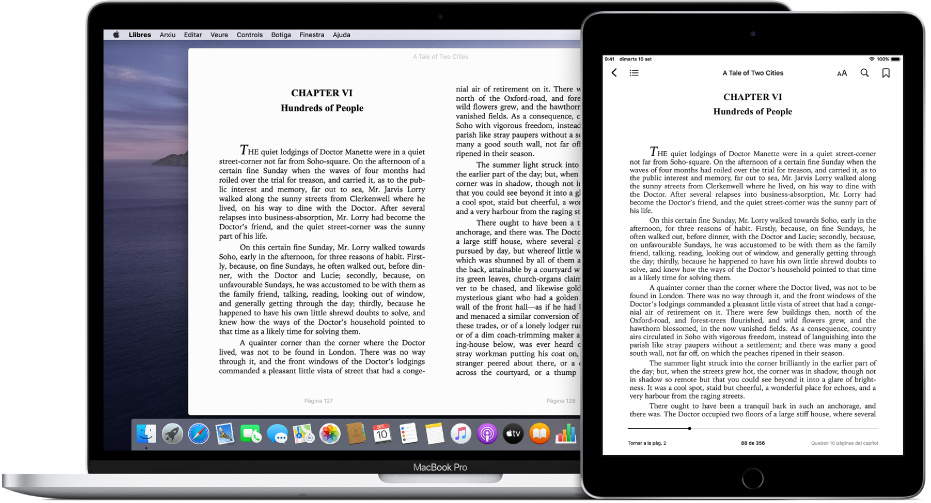 Un llibre que mostra la mateixa pàgina a l’app Llibres en un iPad i un Mac.