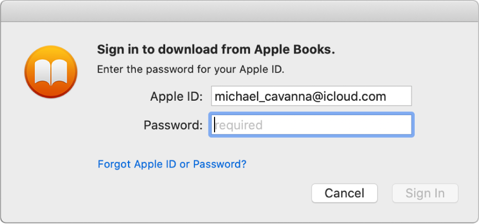 The dialog to sign in using an Apple ID and password.