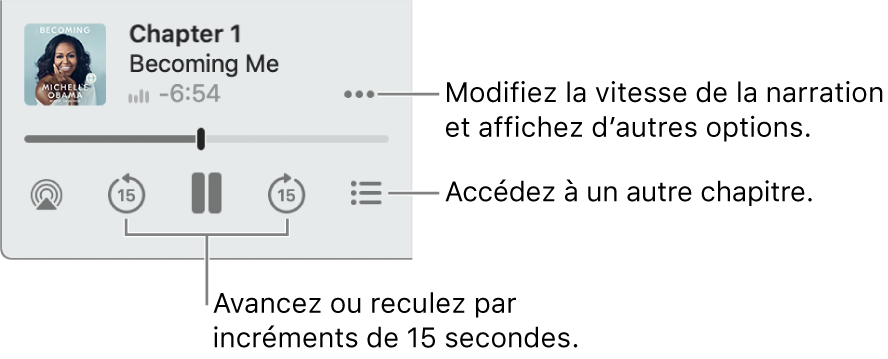 Le lecteur de livre audio dans Apple Books, avec le bouton « Plus d’options » (près du coin supérieur droit), le bouton « Table des matières » (près du coin inférieur droit), ainsi que les boutons Avancer et Reculer (près du coin inférieur gauche et droit).