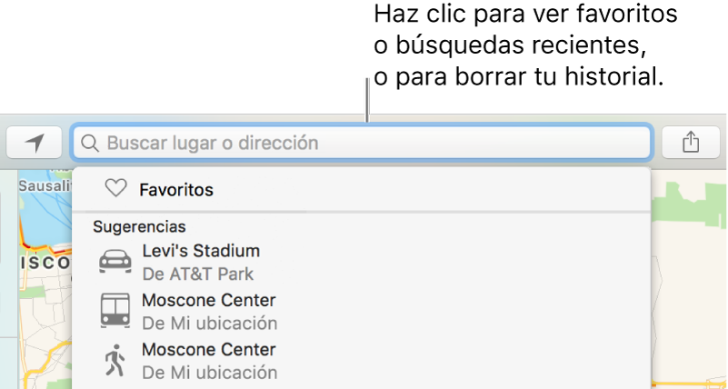 Haz clic en el campo de búsqueda para ver favoritos o búsquedas recientes, o borrar el historial.