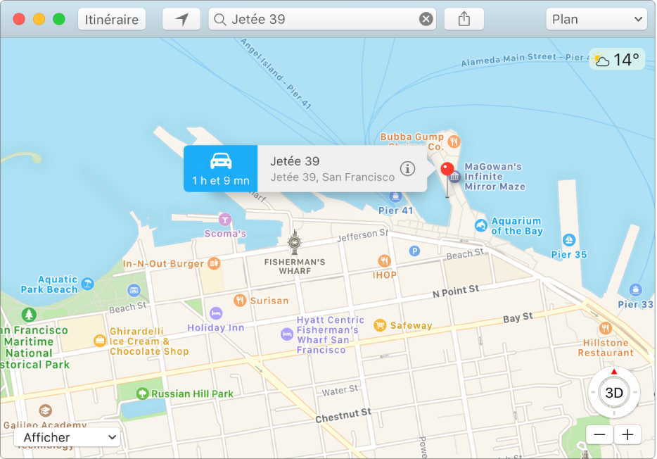 Fenêtre d’informations pour un repère sur le plan affichant l’adresse du lieu et le temps de trajet estimé à partir de votre position.