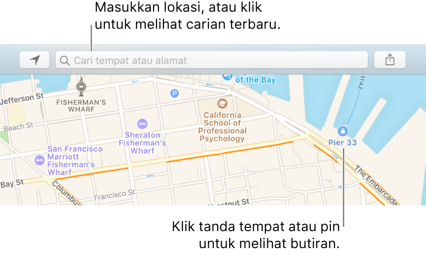 Masukkan lokasi dalam medan carian, atau kliknya untuk melihat carian terbaru. Klik mercu tanda atau pin untuk melihat butiran.