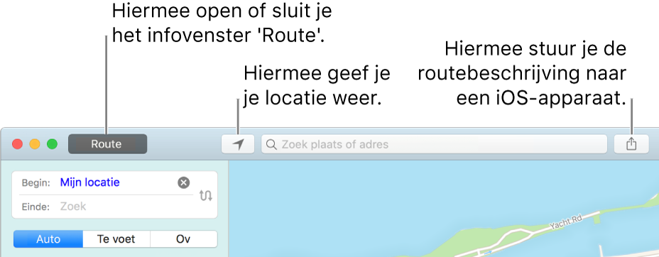 Kaarten-venster met routeknop, knop voor de huidige positie en deelknop in de knoppenbalk.