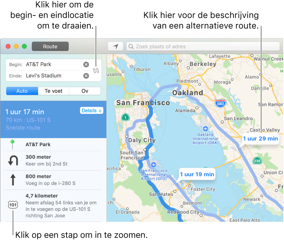 Klik links in de navigatiekolom met de routebeschrijving op een stap om daarop in te zoomen, of klik rechts op de kaart op een alternatieve route.