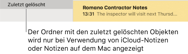 Das Fenster „Notizen“ mit dem Ordner „Zuletzt gelöscht“ in der Seitenleiste und einer zuletzt gelöschten Notiz Du siehst den Ordner „Zuletzt gelöscht“ nur, wenn du iCloud-Notizen oder Notizen auf deinem Mac verwendest.