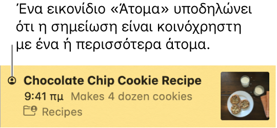 Μια σημείωση στην οποία έχουν προστεθεί άτομα, με το εικονίδιο «Άτομα» στα αριστερά του ονόματος της σημείωσης.