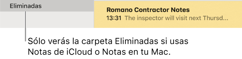 La ventana de Notas con la carpeta "Eliminadas recientemente" en la barra lateral y una nota eliminada recientemente. Única se muestra la carpeta "Eliminadas recientemente" si usas notas de iCloud o notas en tu Mac.