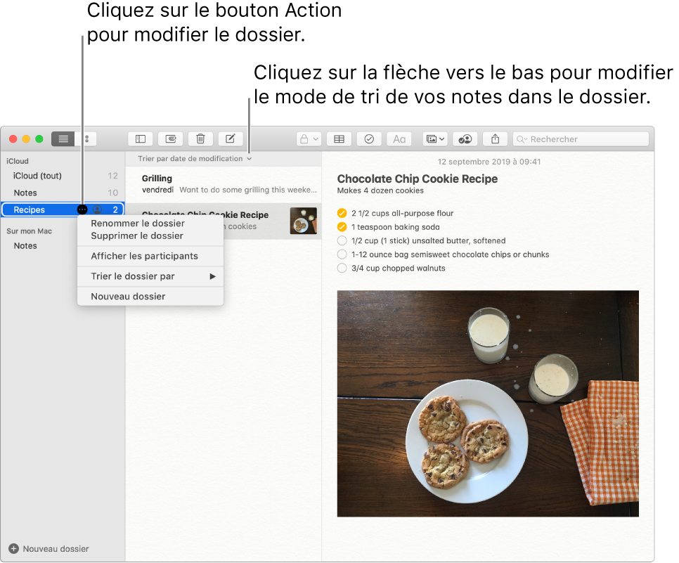 La fenêtre Notes avec un dossier dans la barre latérale affichant le bouton Plus, qui permet d’apporter des modifications à un dossier. Au-dessus de la liste des notes, au milieu, se trouve l’option de tri, qui permet de modifier l’ordre d’affichage des notes. Cliquez sur la flèche vers le bas pour sélectionner un autre ordre de tri.