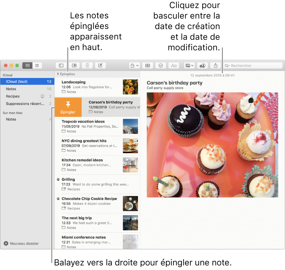 La fenêtre Notes avec la liste des notes au milieu, des notes épinglées en haut de la liste des notes et le bouton Épingler sur une note. Le contenu de cette note s’affiche sur la droite avec la date en haut ; cliquez sur la date pour basculer entre la date de création et la date de dernière modification.