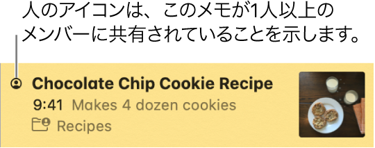 人が追加されたメモ。メモの名前の左に人のアイコンが表示されています。
