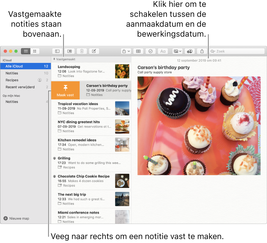 Het Notities-vensters met de lijst met notities in het midden, vastgemaakte notities boven aan de lijst en de vastmaakknop op een notitie. De inhoud van die notitie wordt aan de rechterkant weergegeven met de datum bovenaan. Klik op de datum om te wisselen tussen de aanmaakdatum en de bewerkingsdatum.