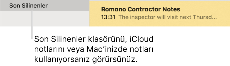Kenar çubuğunda Son Silinenler klasörünün ve yakın bir zamanda silinmiş bir notun olduğu Notlar penceresi. Son Silinenler klasörünü, iCloud notlarını veya Mac’inizde notları kullanıyorsanız görürsünüz.