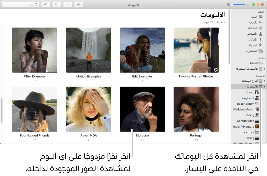 نافذة الصور مع تحديد "الألبومات" في الشريط الجانبي، وتظهر الألبومات التي قمت بإنشائها في النافذة على اليسار.