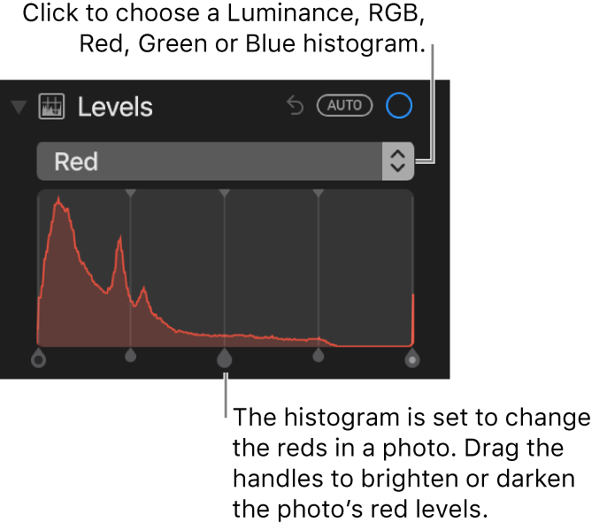 The Level controls and histogram for changing the reds in a photo.