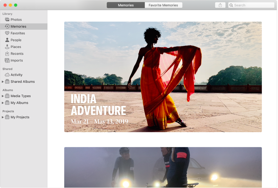 The Photos window showing Memories selected in the sidebar and several memories displayed in the window.