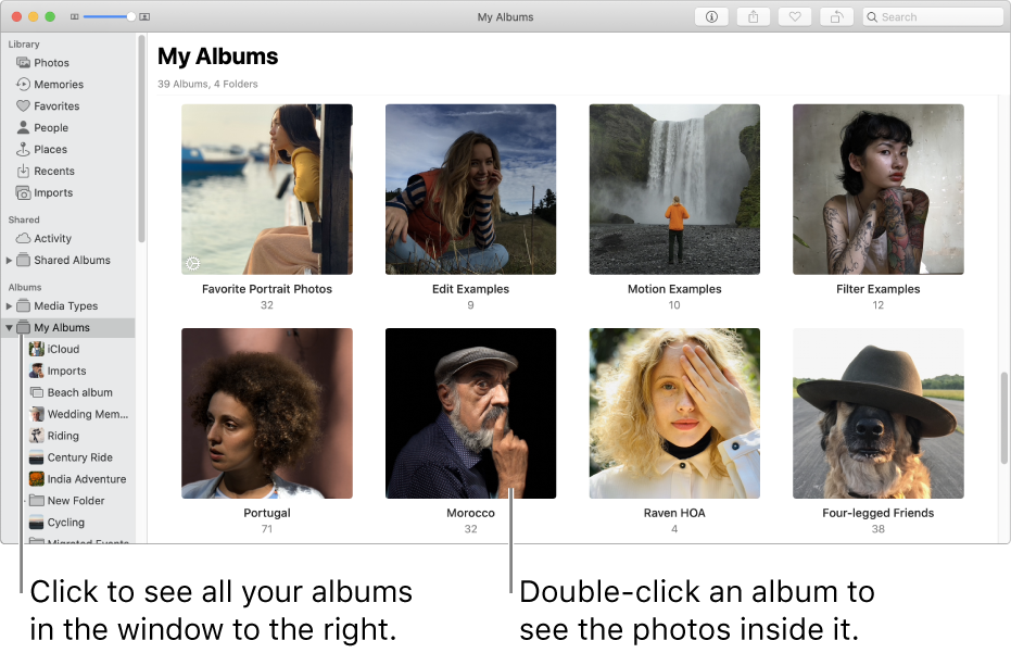 The Photos window with My Albums selected in the sidebar, and the albums you’ve created displayed in the window to the right.