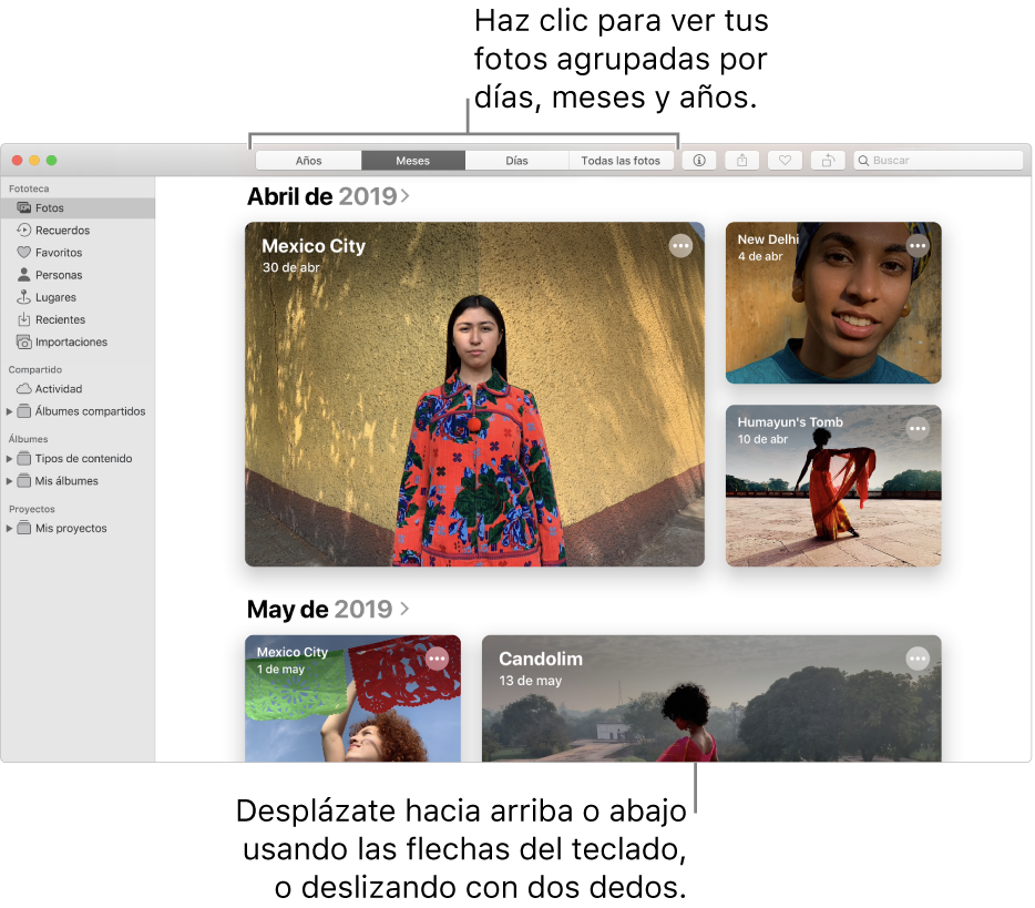 La ventana de Fotos mostrando fotos organizadas por mes.