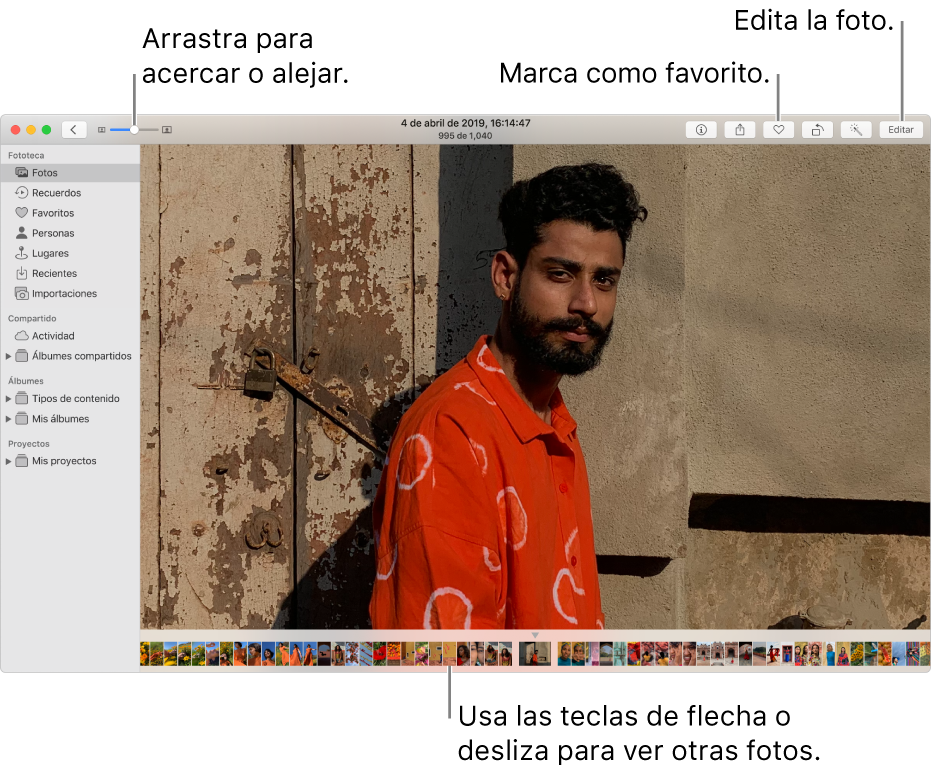La ventana de Fotos mostrando una foto agrandada a la derecha, con una fila de miniaturas debajo. La barra de herramientas en la parte superior incluye el regulador Zoom, el botón Favoritos y el botón Editar.