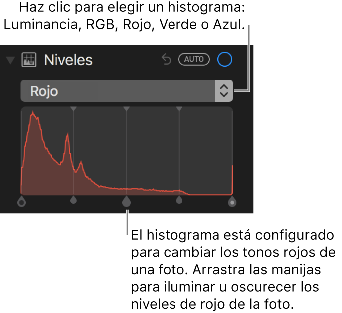 Los controles Niveles y el histograma para cambiar los rojos en una foto.