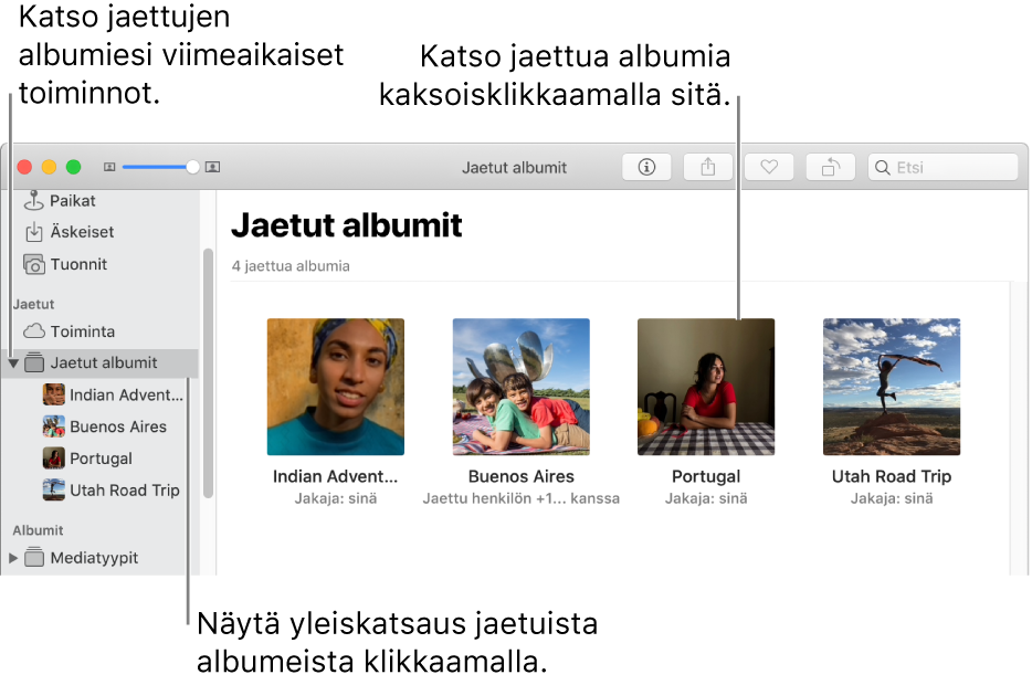 Kuvat-ikkunan Jaetut albumit -osio, jossa näkyy jaettuja albumeita.