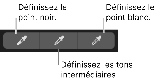 Trois pipettes servant à sélectionner le point noir, les tons intermédiaires et le point blanc de la photo.