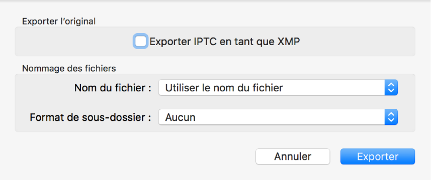 Une zone de dialogue affichant les options d’export de fichiers photo au format d’origine.