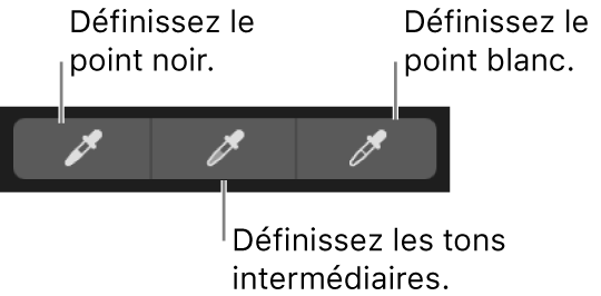 Trois pipettes servant à sélectionner le point noir, les tons intermédiaires et le point blanc de la photo.
