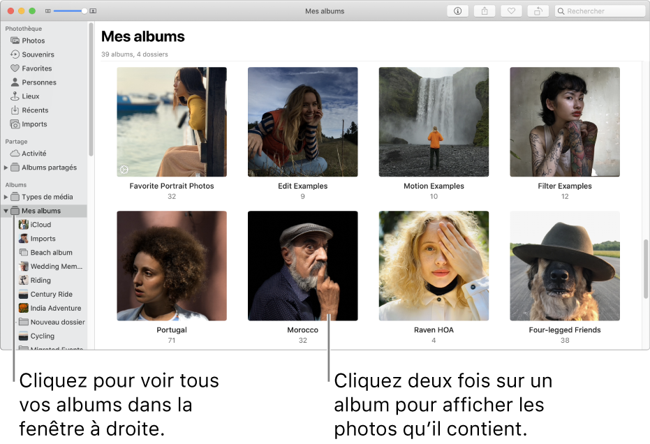 La fenêtre Photos avec Mes Albums sélectionné dans la barre latérale, et les albums que vous avez créés affichés dans la fenêtre de droite.