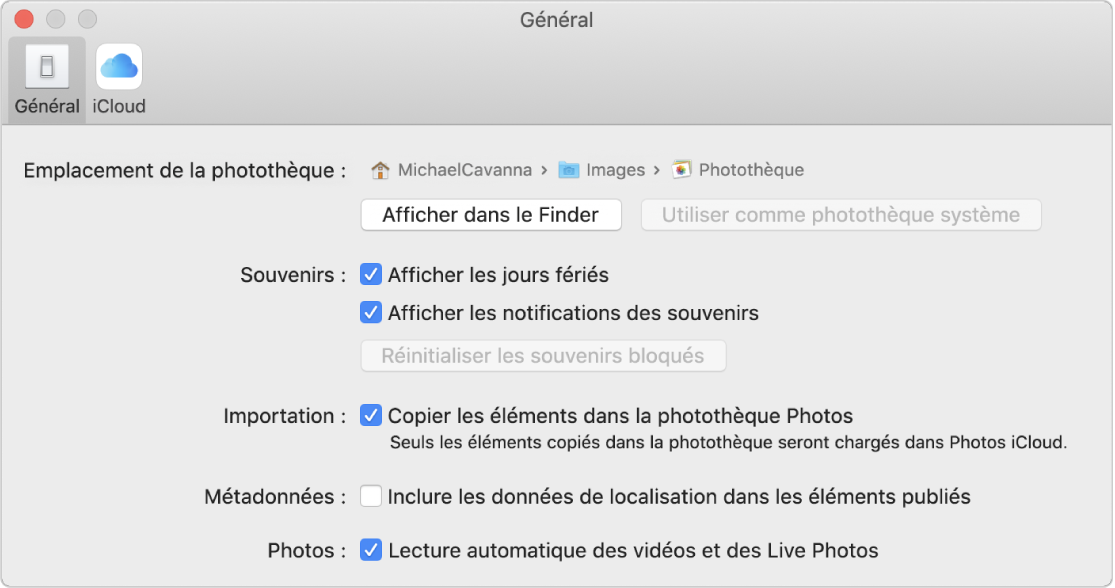 La sous-fenêtre Général des préférences Photos.