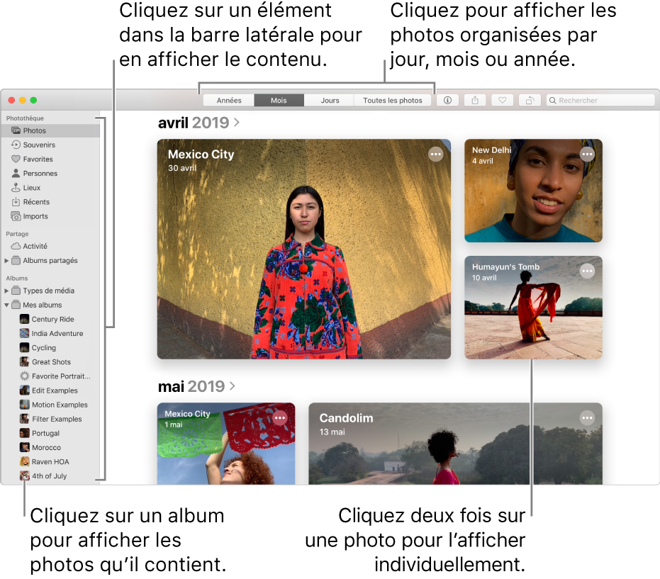 La fenêtre Photos présentant des photos organisées par mois.