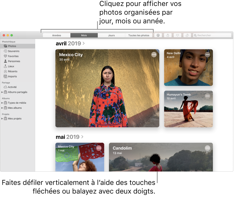 La fenêtre Photos présentant des photos organisées par mois.